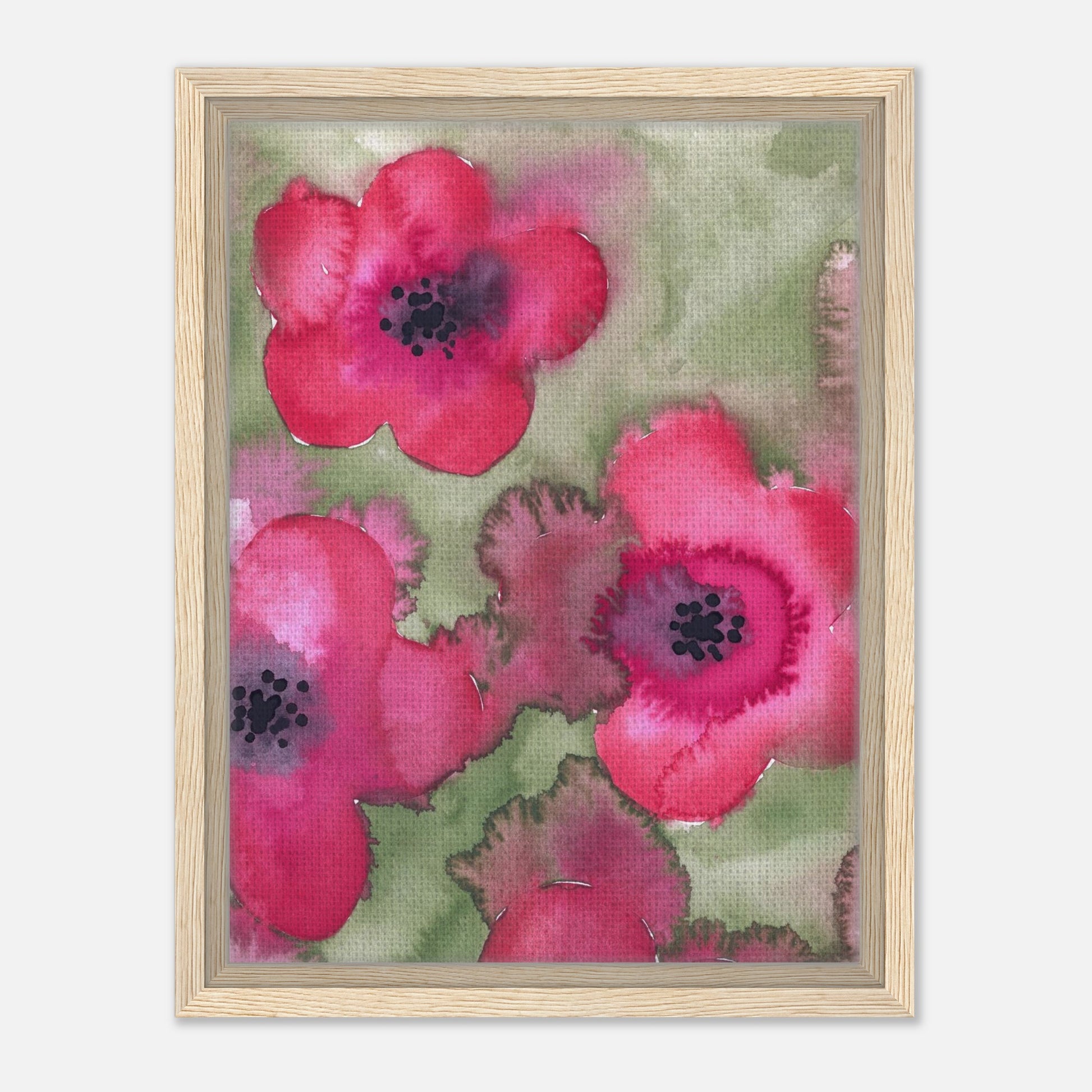 Leinwanddruck mit roten Aquarell-Blumen in Holzrahmen.