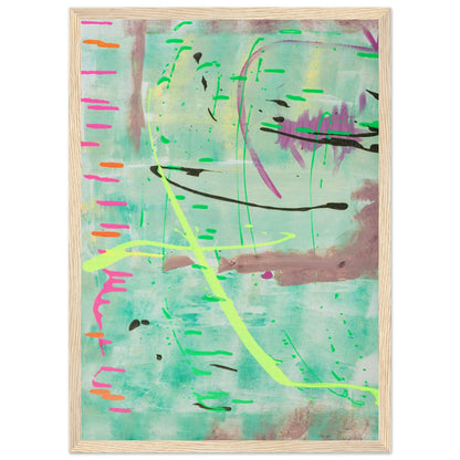 Abstraktes Kunstposter in Mint mit bunten Linien und Akzenten, Fine Art Print in Holzrahmen.