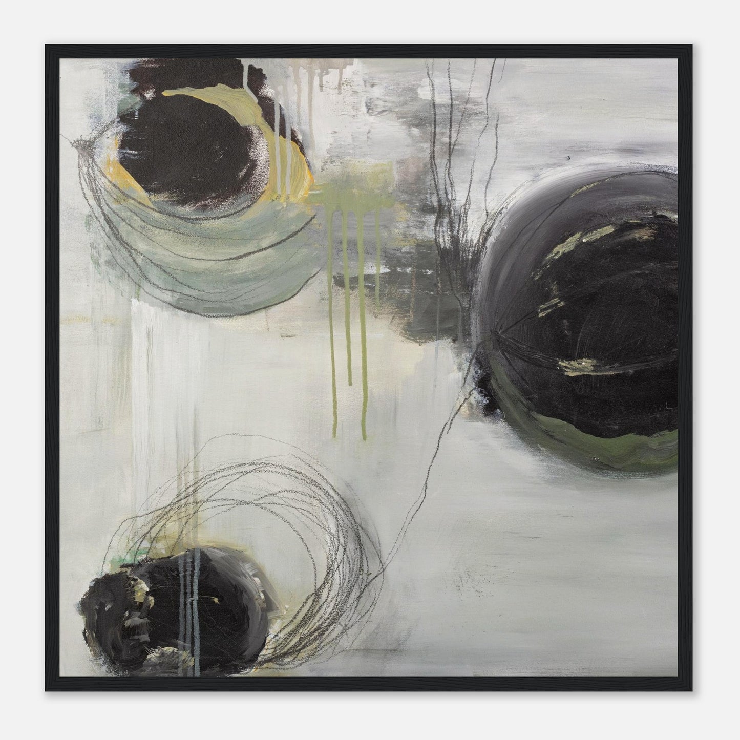 Quadratisches Kunstposter mit abstraktem Kreis-Motiv in einem schwarzen Rahmen