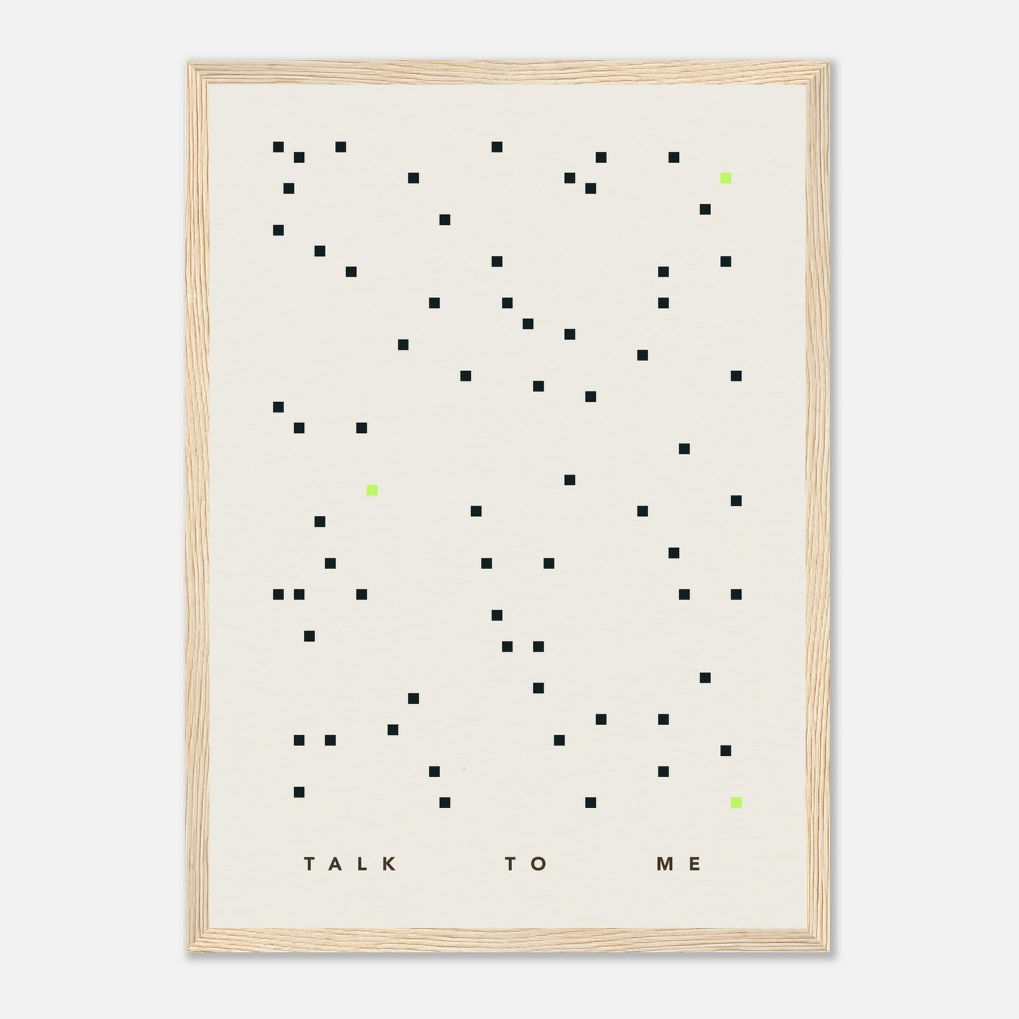 Das Bild "Talk To Me" in einem Holzrahmen.