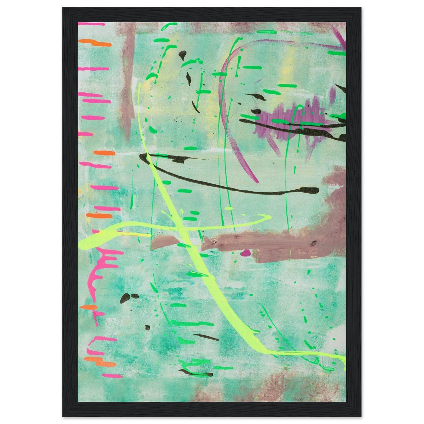 Abstraktes Kunstposter in Mint mit bunten Linien und Akzenten, Fine Art Print in schwarzem Holzrahmen.
