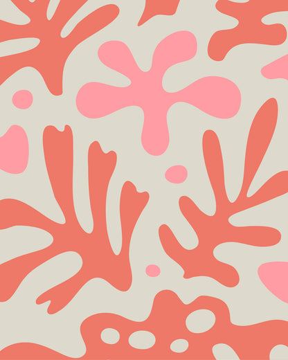Ausschnitt des Posters: florale Elemente in Rot- und Pinktönen auf beigen Hintergrund.