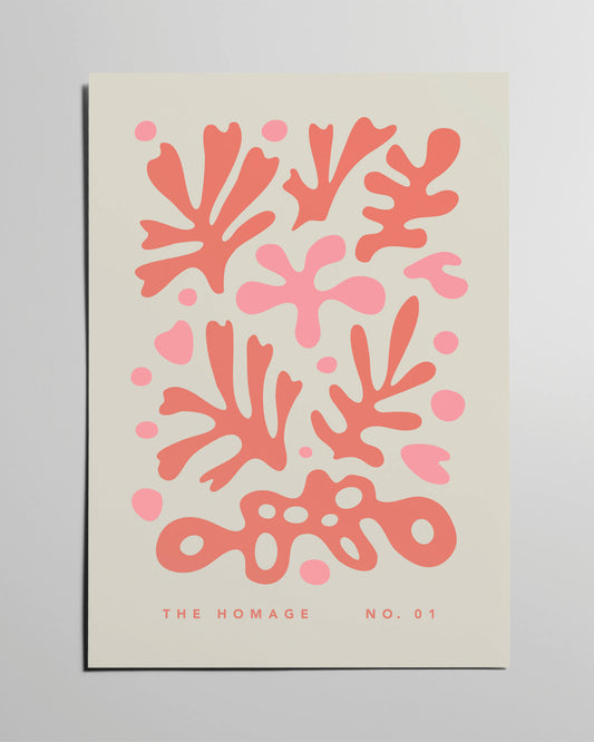 Beiges Poster mit floralen Elementen in Rot- und Pinktönen. Inspiriert von The Sheaf von Henri Matisse.