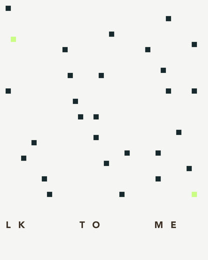 Detailansicht der Quadrate und Schrift auf dem Poster „Talk To Me“, abstrahierte Kommunikationsgrafik.