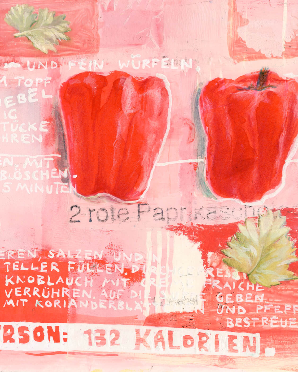 Detaildarstellung des Posters. Im Ausschnitt zwei Paprikas, zwei Petersilienblätter und teile des Rezeptes als handschriftlicher Text.